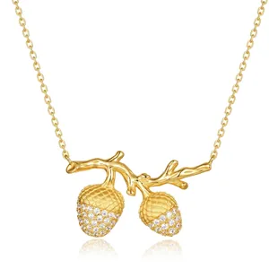 925 Sterling Silver Acorn Pendant Necklace Gold Plated Zirconia Inlaid Double Nut Branch Fashion Jewelry For Women Gift