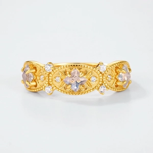 Vintage S925 silver 10K gold ring with labradorite stones and carved hollow details