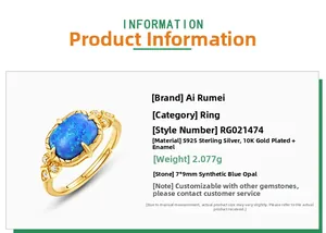 Detailed view of S925 sterling silver ring with 7x9mm rectangle blue opal and side zircons