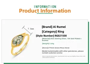 Detail specifications of S925 silver gold ring featuring a 6x9mm green moss agate stone