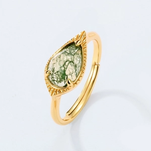 Adjustable gold plated S925 silver ring featuring a teardrop green moss agate stone