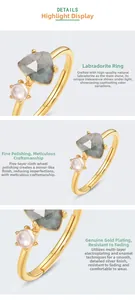 Detailed macro view of S925 silver gold plated ring with triangular labradorite and pearl