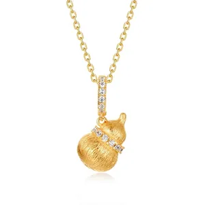 Collier Pendentif Calebasse en Argent Sterling 925 Plaqué Or Brossé Collier Hulu pour Femmes Bijoux Chinois Vintage avec Zirconia Incrusté Colliers de Luxe