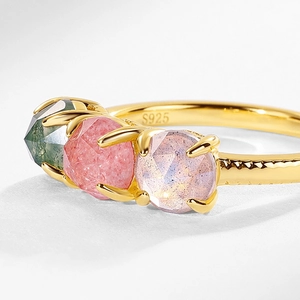 Three-stone S925 silver ring with green, pink, and lilac faceted gemstones in gold finish
