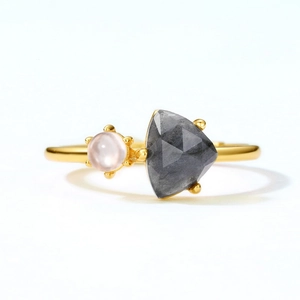 Minimalist S925 silver gold ring with triangle grey stone and round pink gem