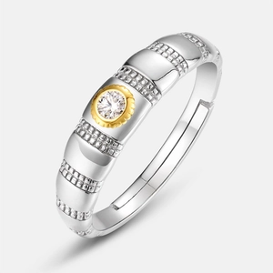 Adjustable S925 sterling silver ring with two-tone texture and central zircon stone