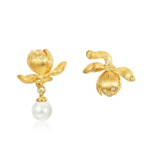 Vintage Blume Ohrstecker Mit 925 Sterlingsilber Stift Vergoldet Künstliche Perle Zirkonia Asymmetrische Ohrringe Für Damen Schmuck