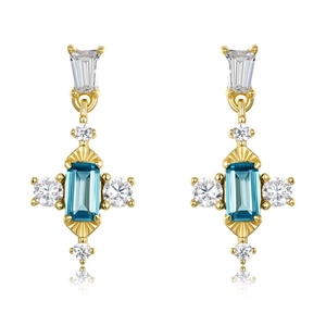 Boucles d'oreilles élégantes en argent S925 plaqué or avec pierres bleues et zircons blancs