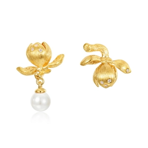Handgefertigte gebürstete goldene S925 Silber Blumenohrringe mit Perlen und Zirkonia Steinen