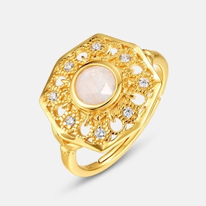 Bague vintage en argent 925 avec pierre de lune et oxydes de zirconium pour femme