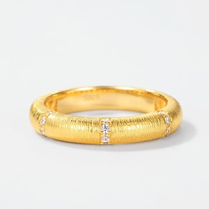 Minimalist S925 sterling silver ring with brushed gold texture and zirconia accents