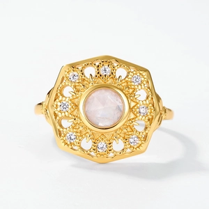 Bague tournesol raffinée en argent 925 avec pierre de lune naturelle et plaqué or