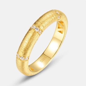 Minimalist S925 sterling silver gold plated ring with brushed texture and small stones