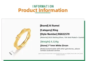 Detailed specs of S925 silver bamboo ring with gold plating and white zircon inlay