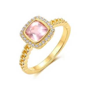 925 Sterling Silver Natural Pink Quartz Ring Square Cushion Cut Gemstone Zirconia Halo Chain Band Fashion Jewelry For Women