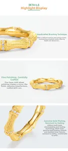 Detailed views of brushed gold bamboo ring featuring S925 silver and micro-set cubic zirconia