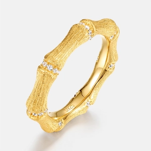 Minimalist S925 sterling silver gold-plated bamboo ring with sparkling zircon stones