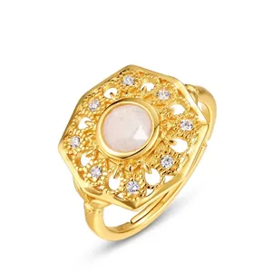 Bague Ouverte Tournesol en Argent Sterling 925 Plaqué Or Vintage Avec Pierre de Lune Strass Bijoux Floraux pour Femmes
