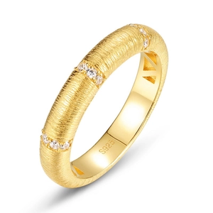 Italian brushed gold S925 sterling silver ring featuring three sets of white zircons