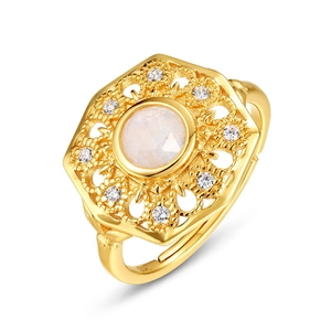 Bague vintage en argent 925 doré avec pierre de lune et motif de tournesol