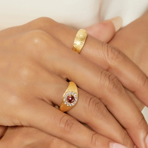 Anelli vintage francesi in argento S925 placcati oro con pietra rossa e diamanti bianchi