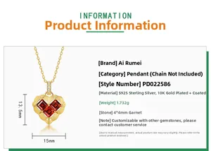 Detailed S925 silver heart pendant specifications with red garnet and 10K gold plating