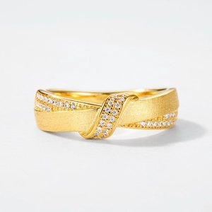 French style gold-plated S925 silver cross knot ring with brushed finish and pavé zircons
