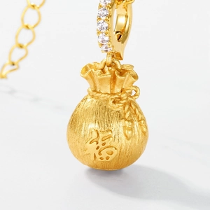 Vintage handmade S925 silver lucky bag pendant necklace with matte gold finish and zircons