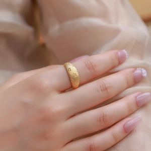 French vintage S925 sterling silver brushed gold ring with sparkling star zircon stones