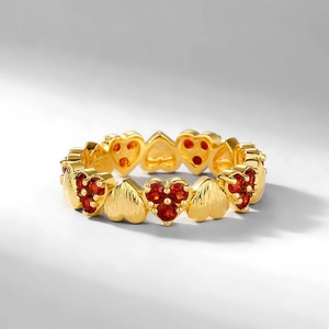 S925 sterling silver heart ring with brushed gold finish and red garnet gemstones