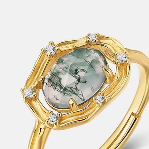Vintage gold moss agate ring with oval gemstone and sparkling zircon accents for women