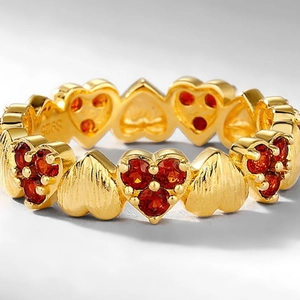 S925 Sterling silver gold-plated heart ring with red garnet stones and brushed finish