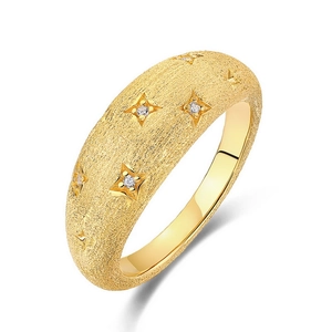 French vintage gold plated S925 silver ring with frosted starry texture and four star gems