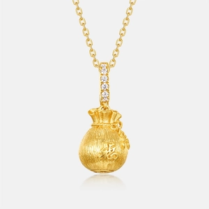 Vintage gold brushed S925 silver lucky bag necklace with zircon inlay and Fu character