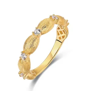 925 Sterling Silver Ring For Women Italian Hand Brushed 10K Gold Plated Zirconia Geometric Band Ring Vintage Fashion Jewelry Gift