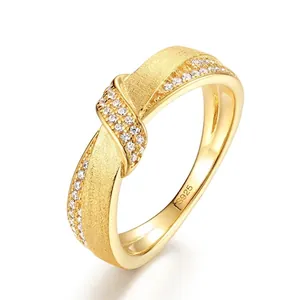 French Style S925 Sterling Silver Twisted Knot Ring Gold Plated Pave Zirconia Brushed Metal Texture Elegant Women Ring