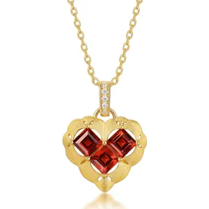 S925 Sterling Silver Heart Pendant Necklace With Red Garnet And Rhinestone Vintage Frosted Gold Plated Jewelry For Women Gift