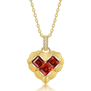 S925 silver heart necklace with red garnet and brushed gold finish for women