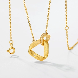 Elegant gold S925 sterling silver necklace with brushed heart and LOVE triangle pendants