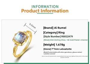 Detail view of square labradorite ring in 10K gold plated S925 silver with side diamonds