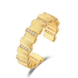 Bague Ouverte Réglable en Argent Sterling 925 de Luxe pour Femme Plaquée Or Brossé Strass Incrusté Bijoux de Mode