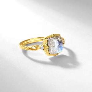Elegant gold-plated S925 silver ring featuring a square labradorite stone and vintage hollow design