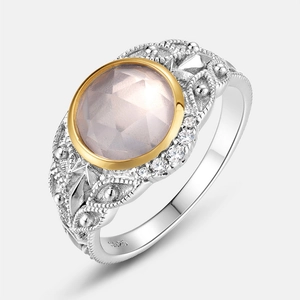 Bague en argent S925 avec quartz rose naturel et halo de zircons blancs brillants