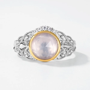 Bague vintage en argent S925 avec cristal rose rond et détails dorés ornés