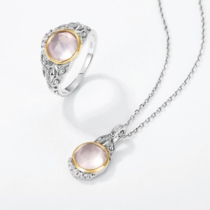 Parure vintage en argent S925 avec bague en quartz rose et collier pendentif doré