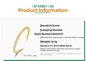 Detail showing S925 silver 10K gold plated bangle specifications with white zircon stones