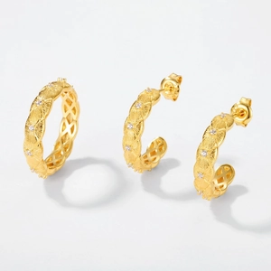 New Chinese retro brushed lattice earring and ring set in S925 silver with gold plating