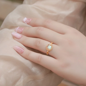 Elegant gold-plated S925 silver ring featuring a square labradorite gemstone on hand