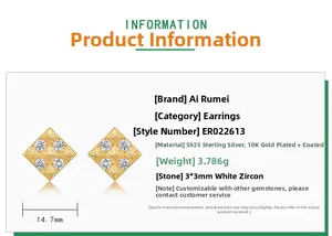 Detail view of square gold-plated S925 silver stud earrings with 3x3mm white zircon stones