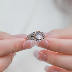 Bague vintage en argent S925 avec quartz rose et gravure en métal bicolore